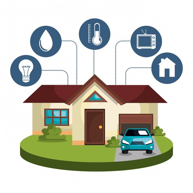 Graphical Image of house with car with icons of home, bulb, temperature, TV, and home