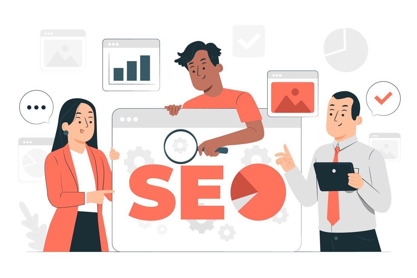 Three cartoon Looking at SEO Sign Board